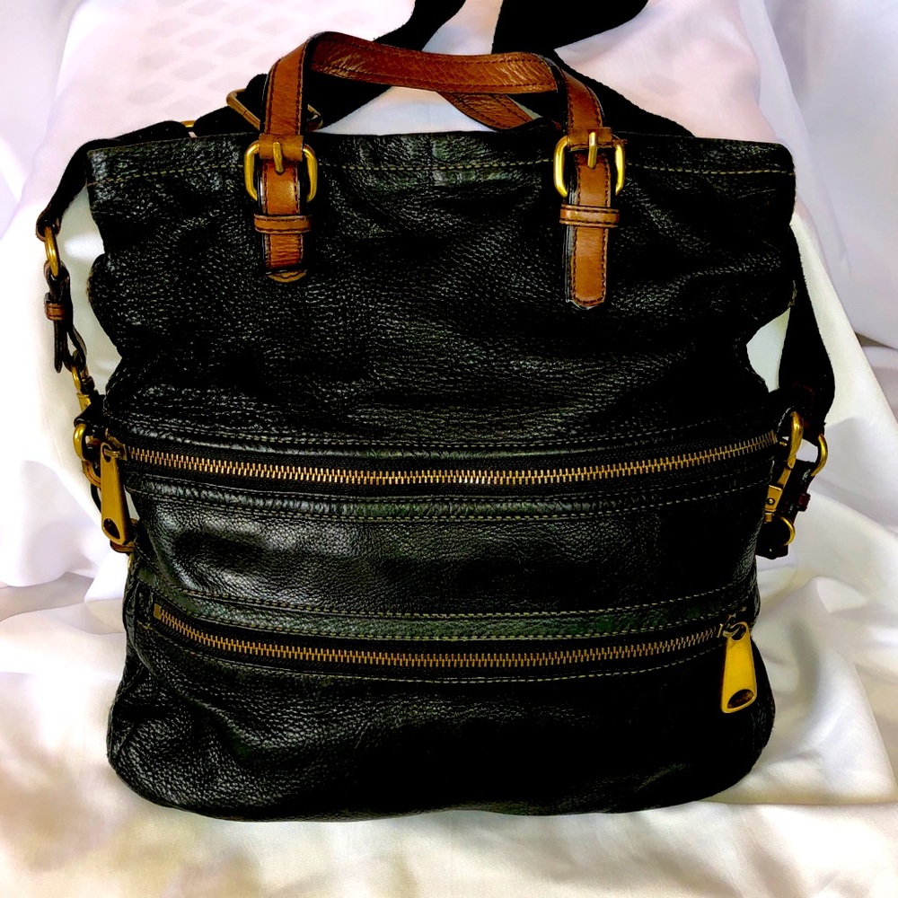 Swanky Black Leather Fossil Explorer Foldover Tote